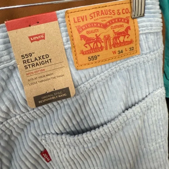 Levi’s men’s size 34W 32L heavy corduroy pants light baby blue 559 relaxed $70 - Picture 6 of 7